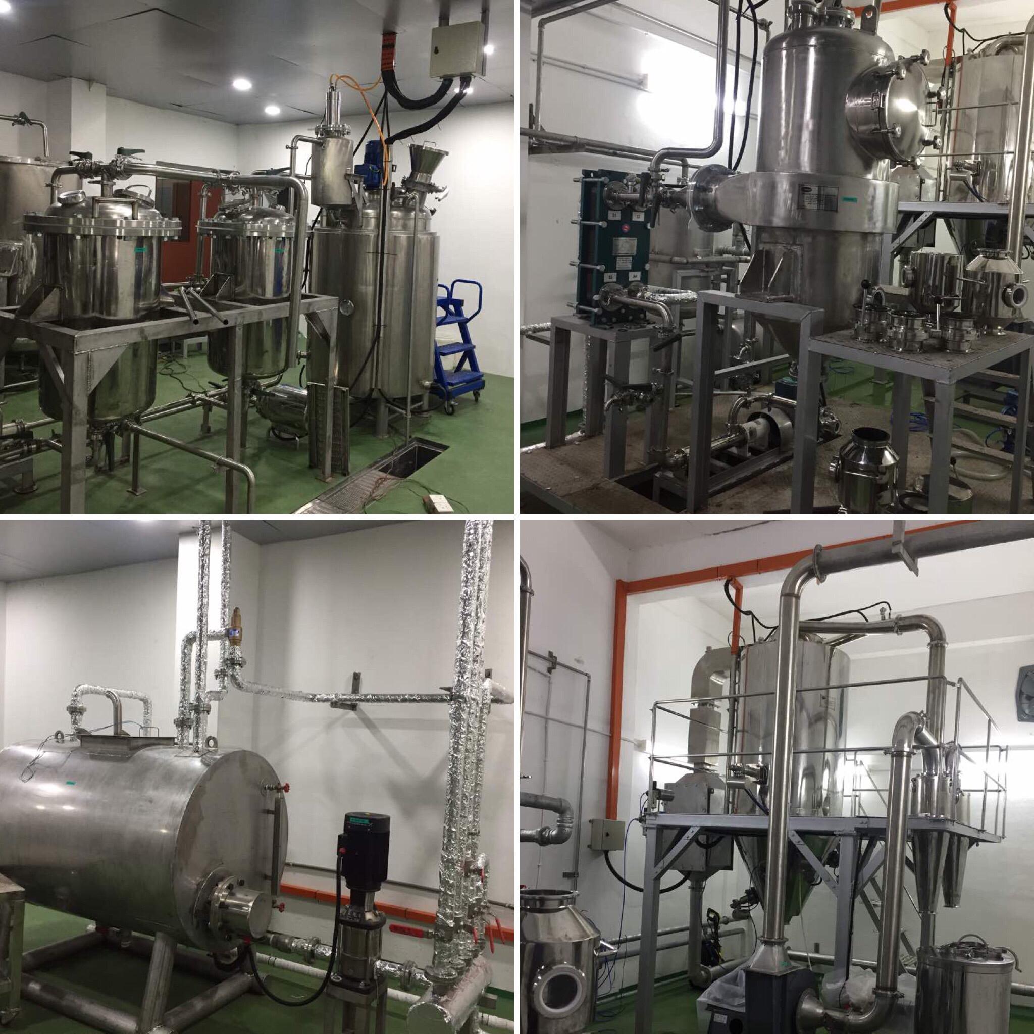 Herbal extraction with ultrasound, percolator, evaporator and spray dryer